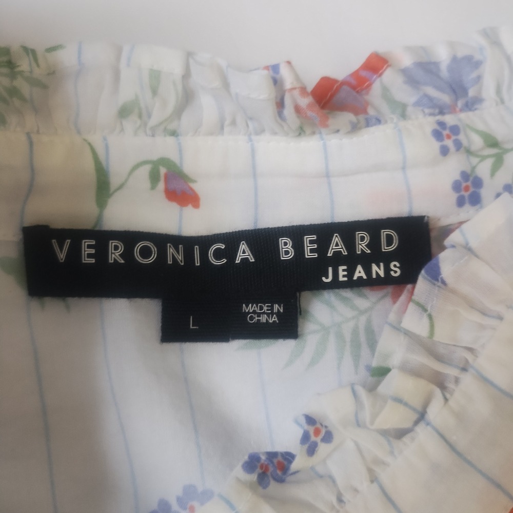 Veronica Beard Button Up Blouse Women's L Cotton Floral Ruffle Victorian Cottage - Picture 7 of 11